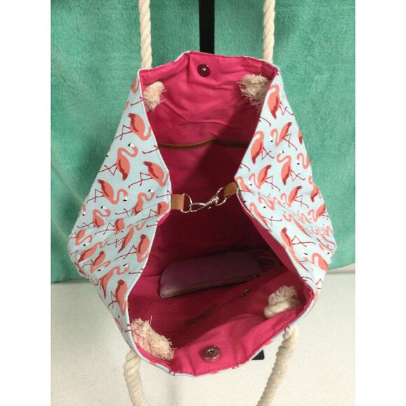 XL Caribbean Joe Canvas Flamingo Beach Bag and wristlet - Picture 5 of 12